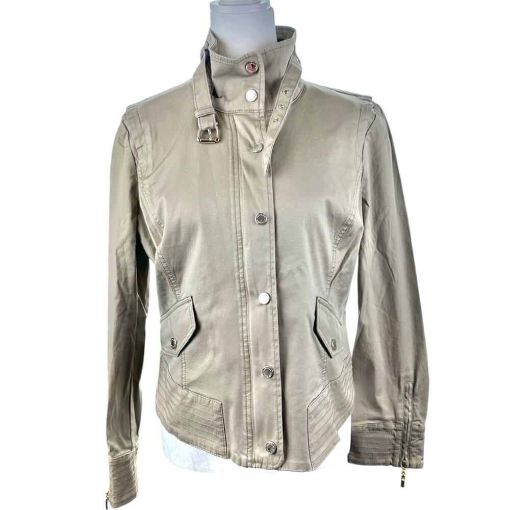 WHBM Military Jacket Zip Front Taupe Size 14 Petite NWT